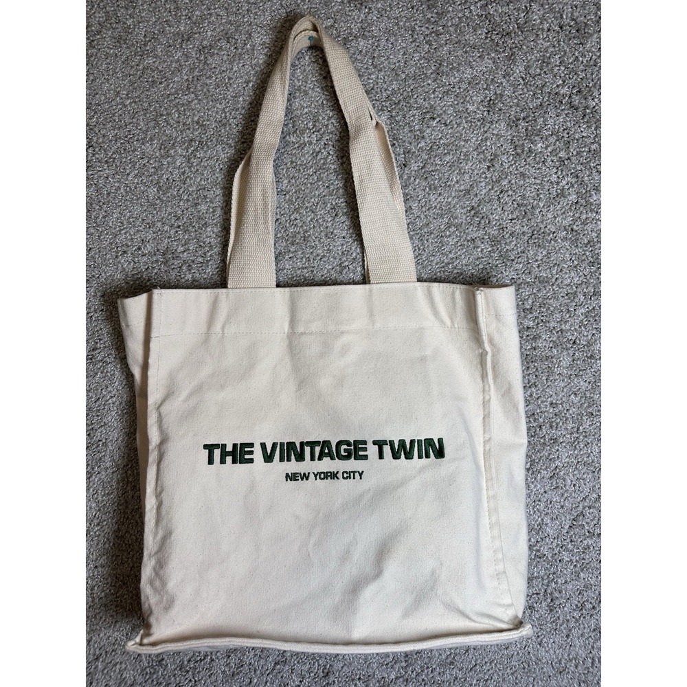 The Vintage Twin NYC Canvas Tote Bag Ivory Green Logo Large Shopper